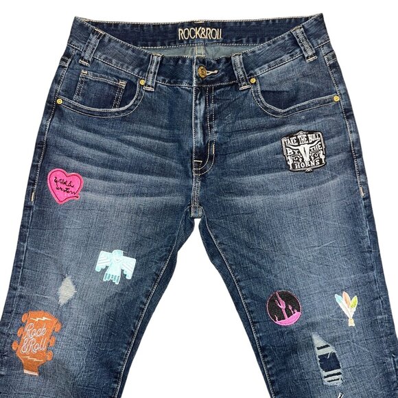 Rock & Roll Cowgirl Boyfriend Skinny Jeans Womens 29 28 Arizona Patches Bull - Picture 2 of 7
